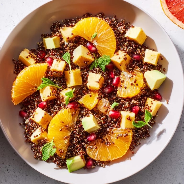 Imagine a beautiful Fresh Citrus & Avocado Quinoa Bowl showcasing refreshing ingredients like grapefruit and pomegranate.