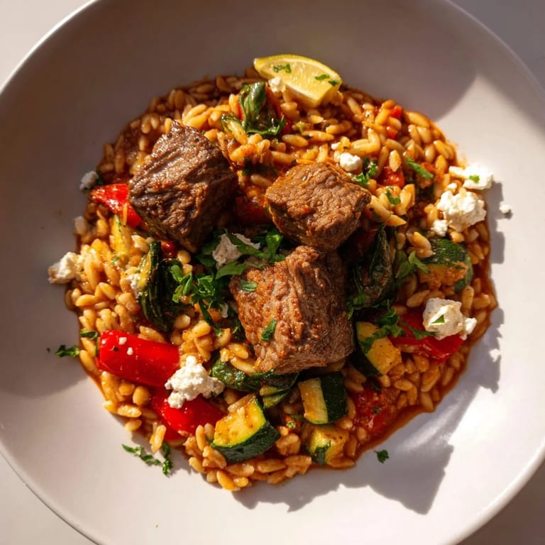 Close-up of the flavorful Smoky Mediterranean Lamb and Orzo Supper, ready to serve with lemon wedges.