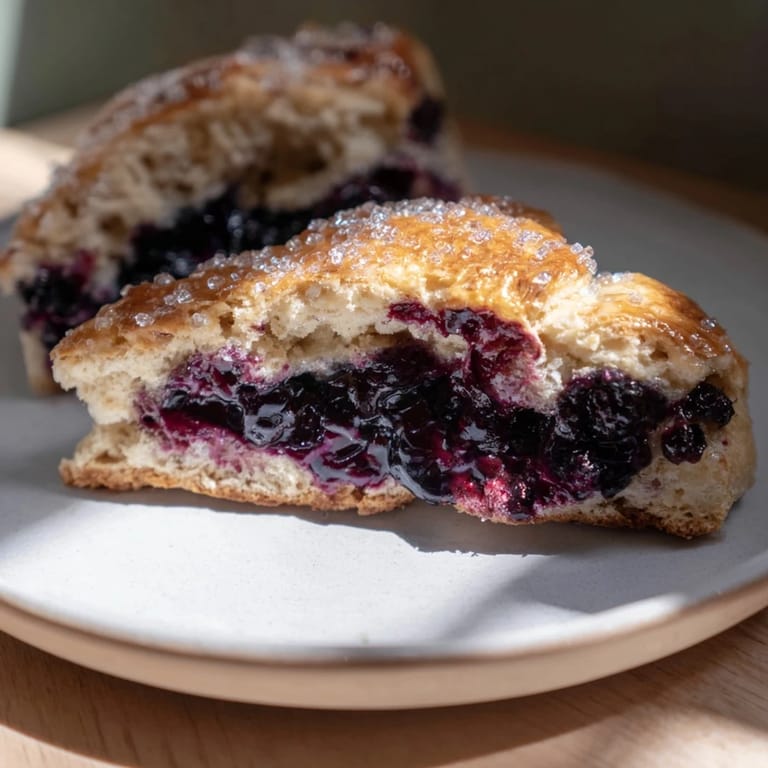 Freshly baked Birch-Warm Blueberry Scones, showing a perfect golden crust and glistening blueberries inside.