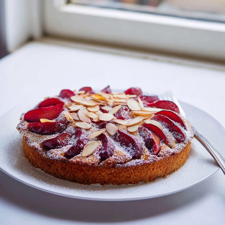 Close-up of a rustic soft sweet plum-infused almond cake sprinkled with almonds, awaiting a first bite.