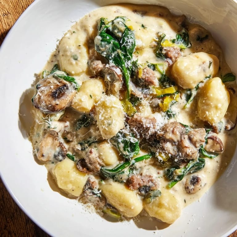 Golden-brown sausage and mushrooms mingle in creamy Woodsy Skillet Sausage and Mushroom Gnocchi, ready to be enjoyed.