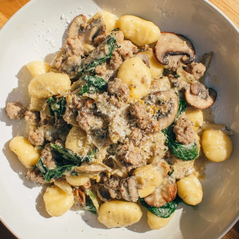 Delicious potato gnocchi with sausage and mushrooms, bathed in a rich sauce of the Woodsy Skillet Sausage and Mushroom Gnocchi.