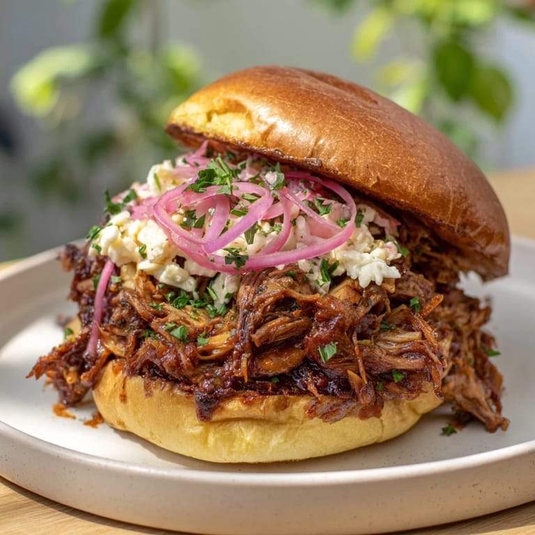 A close-up of tender, fire-kissed BBQ pulled pork sandwiches, glistening with savory sauce, perfect for a feast.