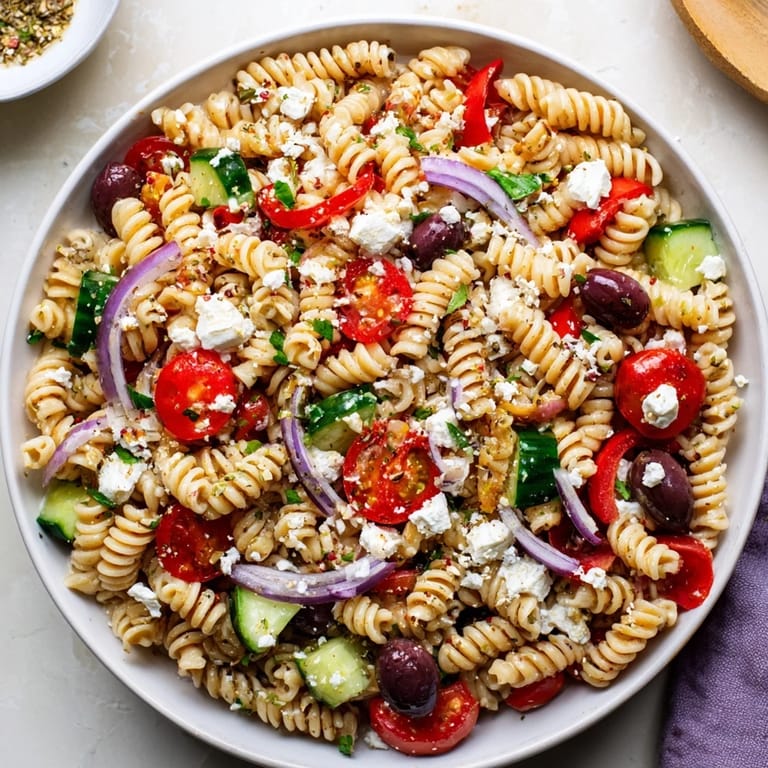 A delicious bowl of Mediterranean Olive Oil and Feta Pasta Salad, a light and refreshing meal.