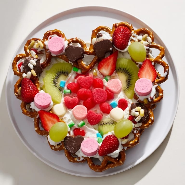 Delectable Grinch's Heart Pretzel Board with a heart-shaped arrangement of pretzels, candies, and festive fruit.