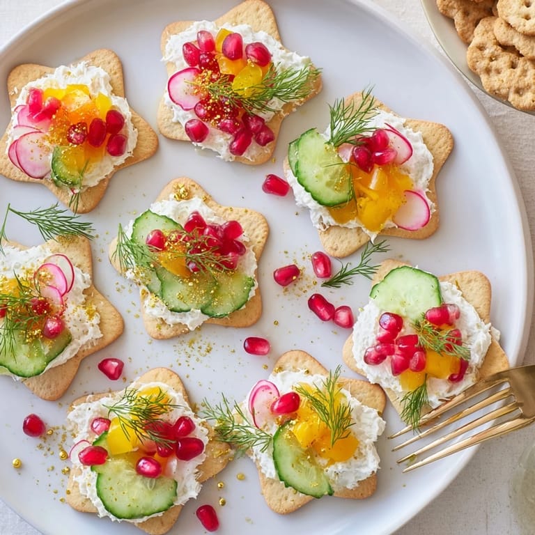 Vibrant, delicious Ornament Shaped Cracker Toppings, a light appetizer with fresh herbs, ready for a party.