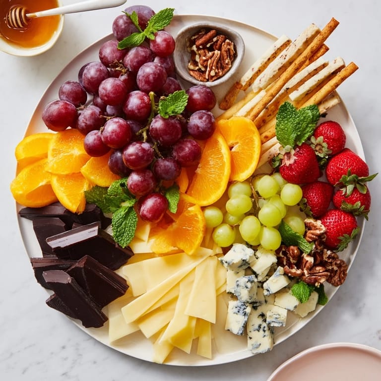 Close-up of a festive Grapes of Fortune board, showing colorful grapes, brie, and sweet treats.