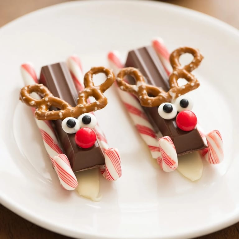 Homemade Rudolph Candy Cane Sleds assembled with mini candy canes, chocolate, and pretzel antlers, ready to eat.