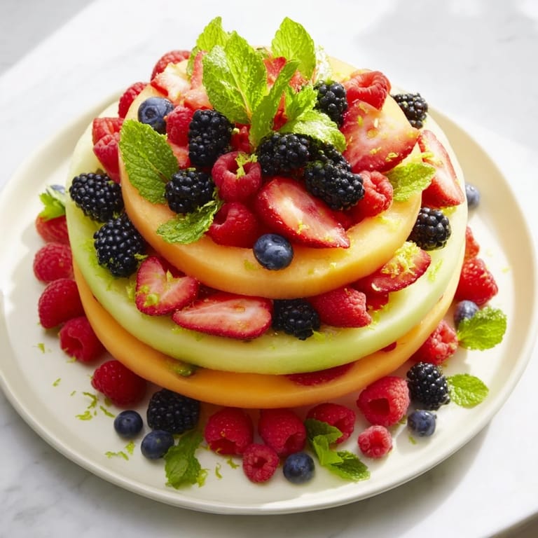 Beautiful fruit platter featuring bright, concentric circles of melon and vibrant mixed berries ready to enjoy.