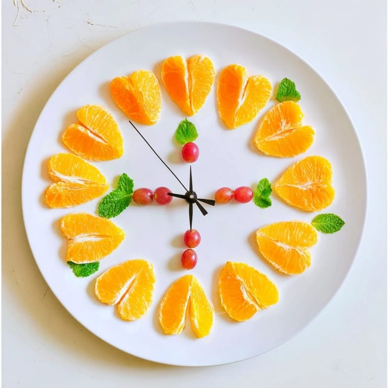 Vibrant Grape and Orange Slice Clock Face formation: fresh oranges and green grapes artfully arranged for a healthy snack.