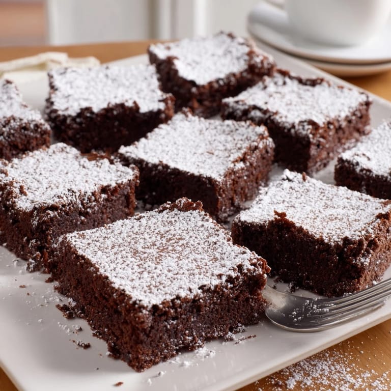 Warm brownie squares, delicious American dessert, with a light dusting of powdered sugar.