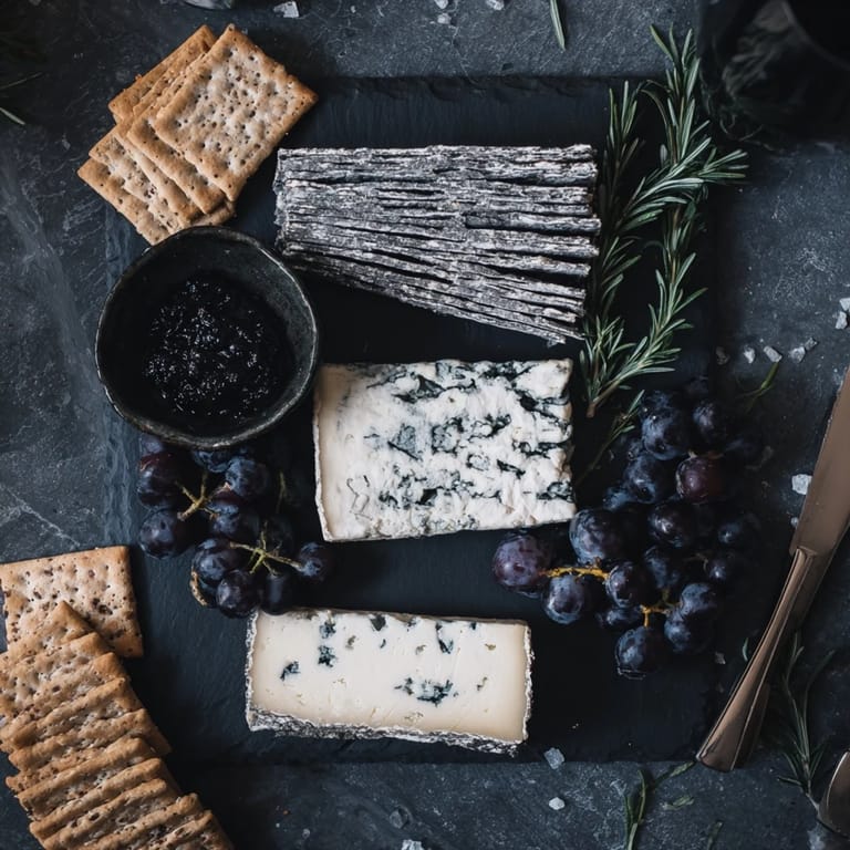 A sophisticated Monochrome Gray Stone Cheese Board, featuring ash-rinded cheeses and dark crackers, perfect for entertaining.