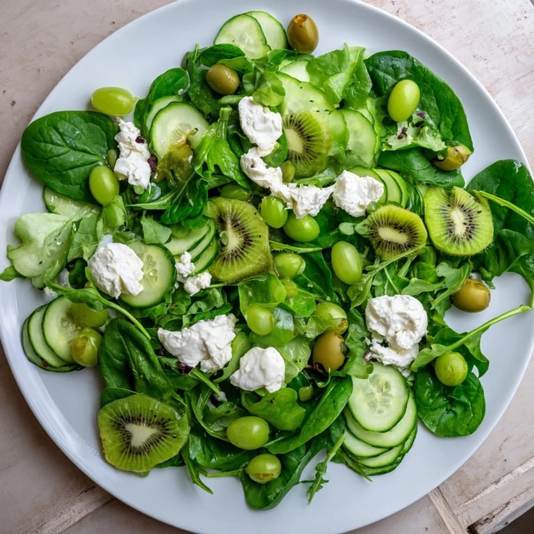 Vivid Emerald Isle Greenscape salad: fresh greens, kiwi, and grapes, inviting you to imagine the taste.