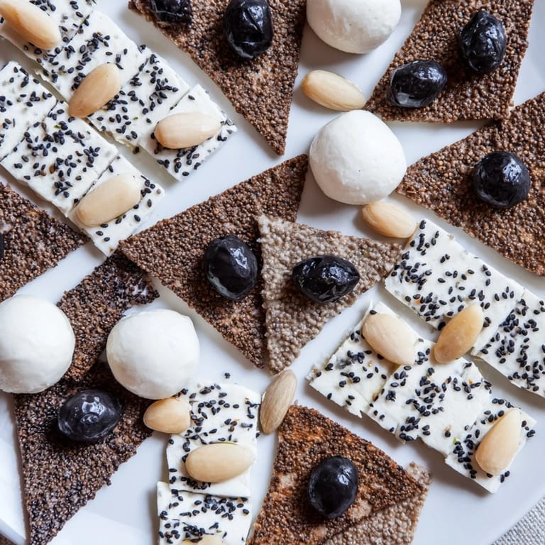 Appetizing Black and White Formal Affair appetizer, a striking visual of black olives and creamy mozzarella.