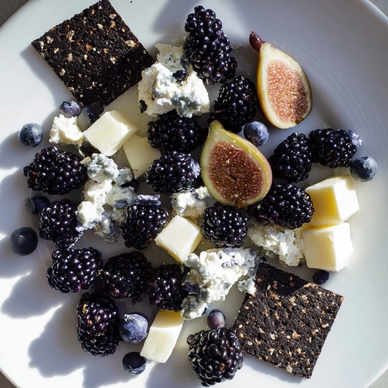 This Deep Indigo Midnight Sky cheese board arrangement features figs, goat cheese, and black crackers for an elegant appetizer.