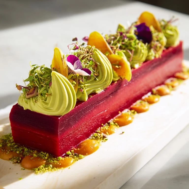 The beautiful Modernist Stripe appetizer showcases layered vegetable purées with microgreen garnishes for color.
