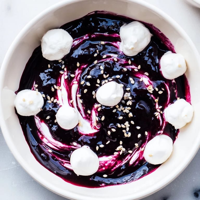 Beautiful dark berry jam swirls across Greek yogurt in a The Galaxy Spiral inspired dessert creation.