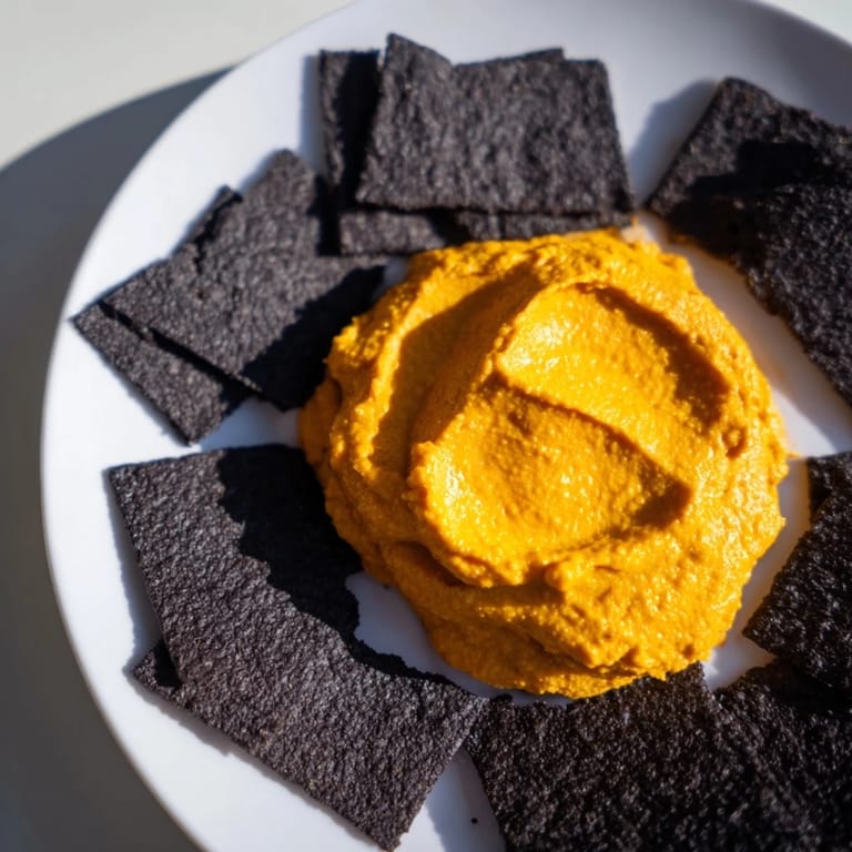A bright, creamy Midnight Sun appetizer featuring a golden dip surrounded by dark, charcoal-dusted crackers on a plate.