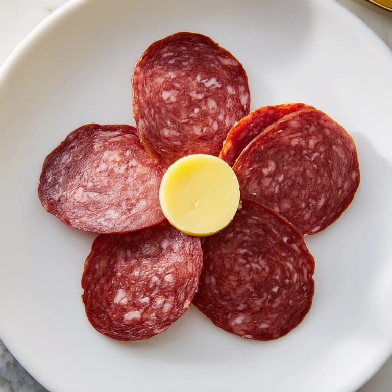 Quick and easy Tudor Rose, a visually beautiful appetizer with circular salami and cheese, ready in minutes.