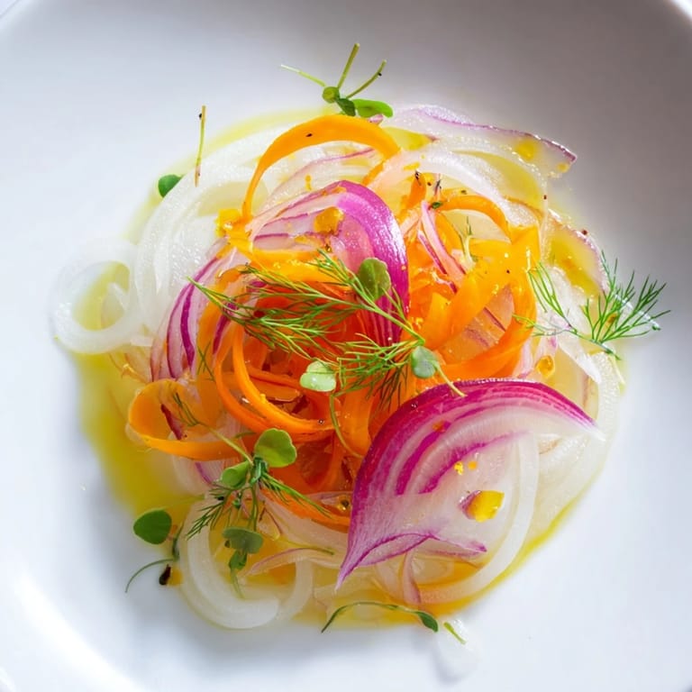 Vibrant "Spinning Top" salad with wispy vegetables and herbs, beautifully arranged - a dynamic dish.