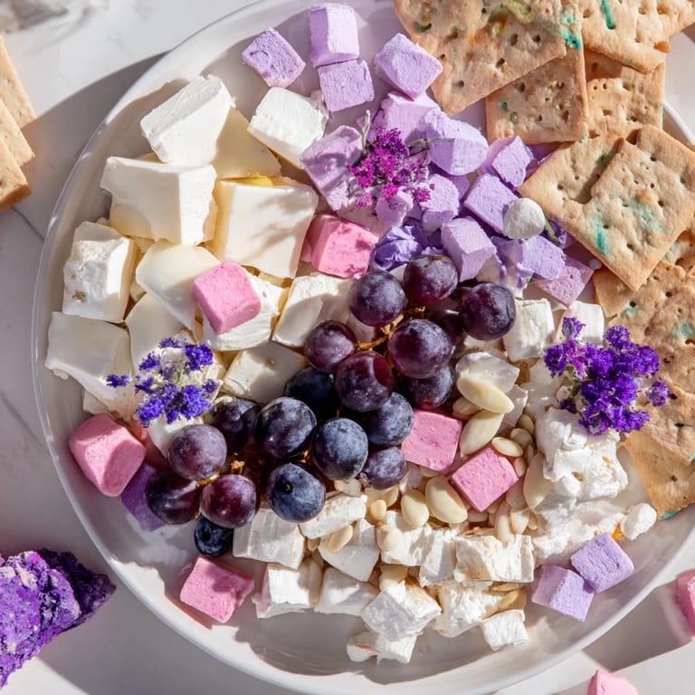 A beautifully arranged Lavender Haze Dreamscape, featuring cheeses, grapes and a sprinkle of edible flowers.