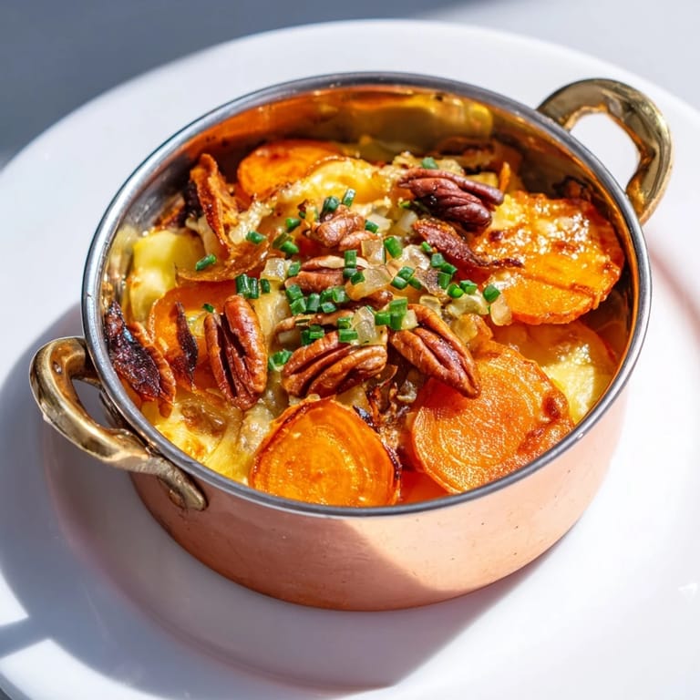 Layered Copper Penny Warmth: roasted sweet potatoes and carrots mingling with cheese, ready to serve warm.