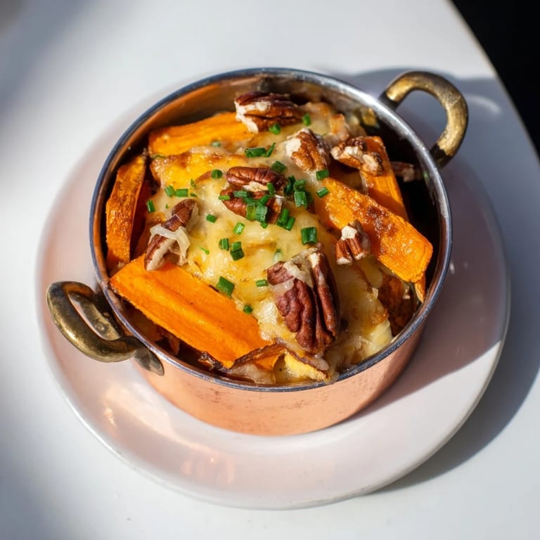 Warm, golden Copper Penny Warmth with sweet potatoes, apricots, and a generous layer of melted cheddar cheese.