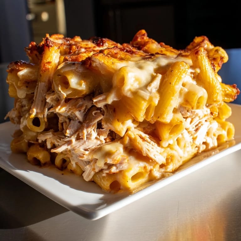 A hearty, cheesy moist maker pasta casserole with layers of tender turkey and pasta.