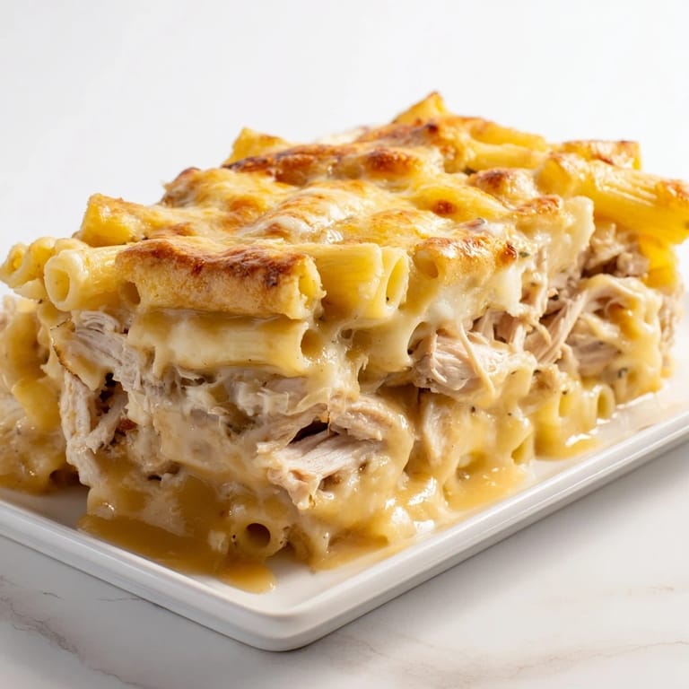 Close-up of a warm moist maker pasta casserole, showcasing a creamy, gravy-soaked interior and cheese topping.