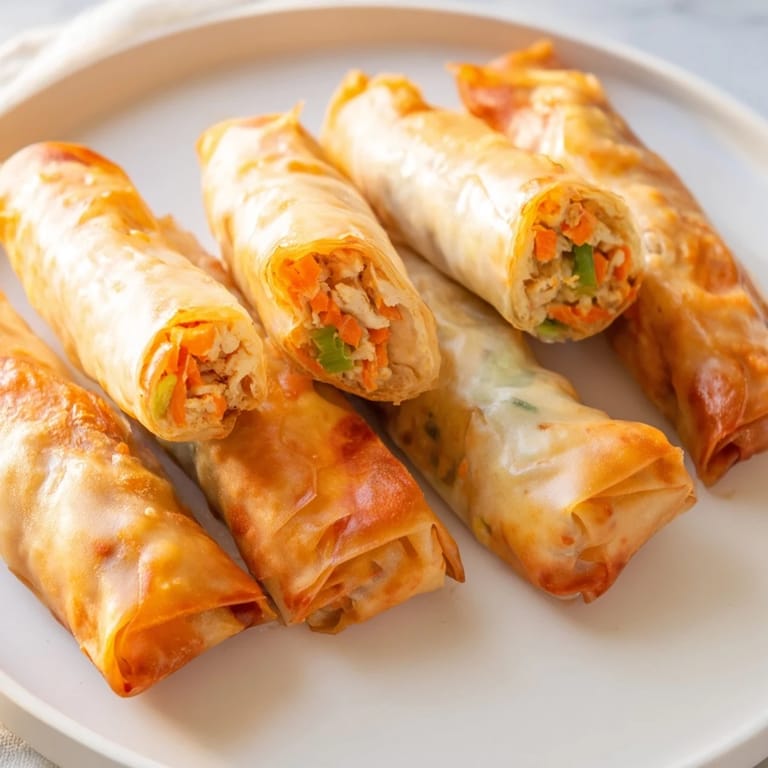 Close-up of freshly air fried chicken lumpia bites, enticing with their savory, flavorful aroma.