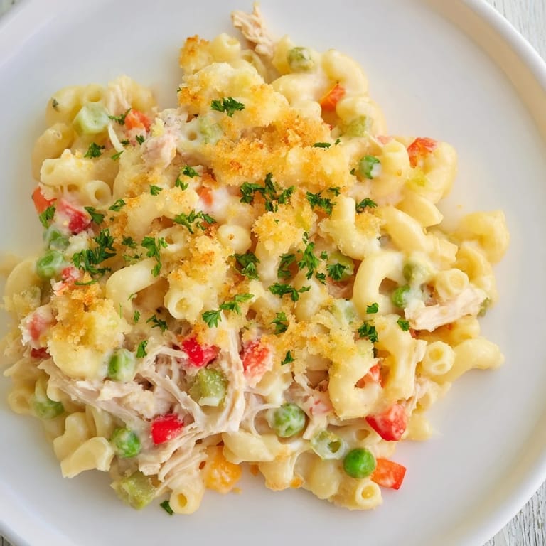 Creamy homemade Chicken Macaroni Southern Style is loaded with tender chicken and veggies ready to bake.