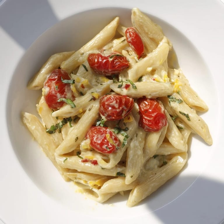 Warm baked Boursin Cheese Pasta with exploded cherry tomatoes, perfect for a cozy weeknight meal.