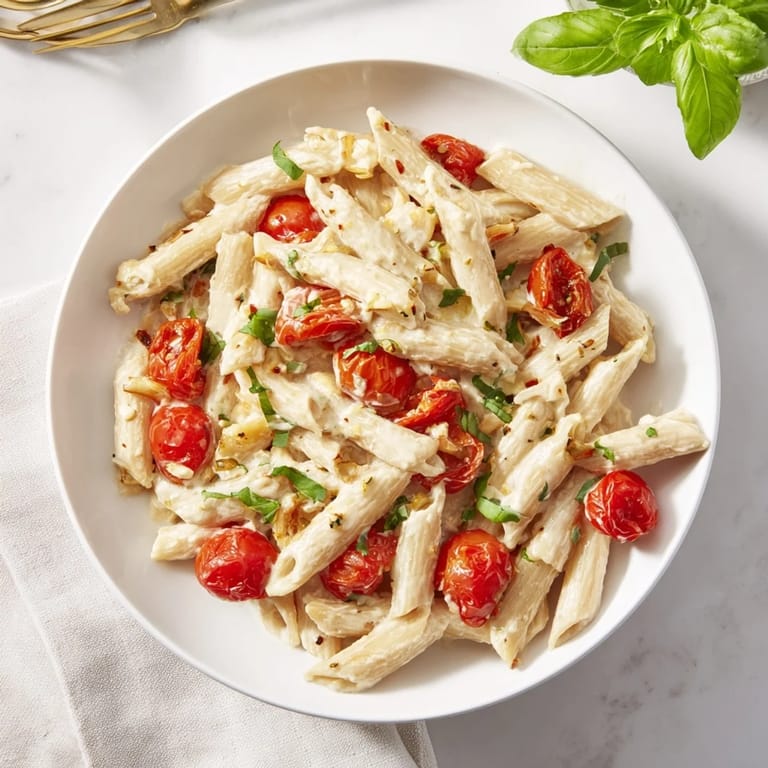 A close-up of creamy Boursin Cheese Pasta with vibrant roasted tomatoes and fresh basil garnish.