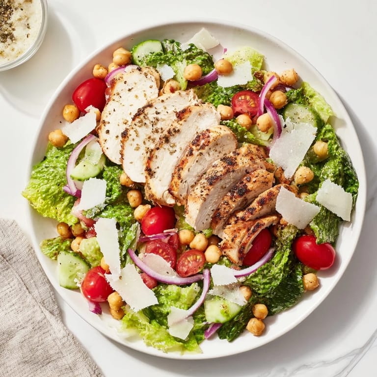 Fresh, colorful image of a Chicken Caesar Pasta-less Bowl with juicy grilled chicken slices.