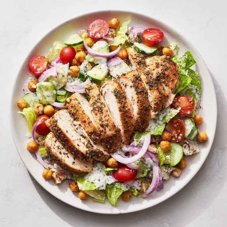 Close-up of a Chicken Caesar Pasta-less Bowl showcasing crisp romaine, parmesan, and tomatoes.