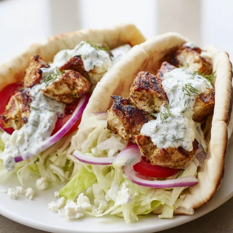 Warm pita bread wrapped around juicy Greek Chicken Souvlaki, layered with fresh garnishes for a delicious bite.