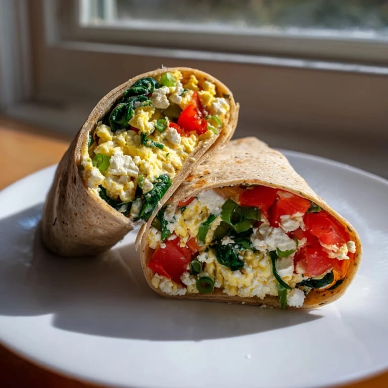Golden, fluffy feta egg wrap ready to eat, bursting with fresh vegetables and flavorful feta.