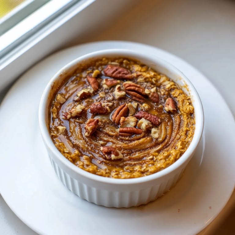 Delicious, homemade pumpkin spice baked oats, topped with pecans—a comforting treat for any morning.