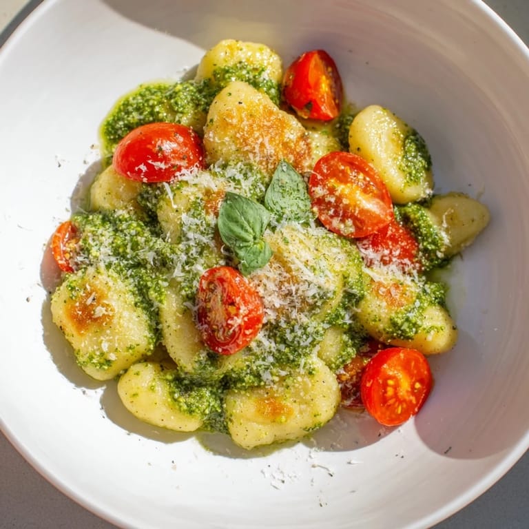 Vibrant plate of Crispy Gnocchi with Pesto: golden brown pasta, bright red tomatoes, and fresh basil leaves.