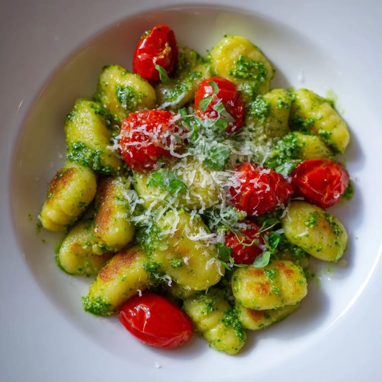 Savory Crispy Gnocchi with Pesto features perfectly pan-fried gnocchi coated in rich pesto sauce, ready to enjoy.