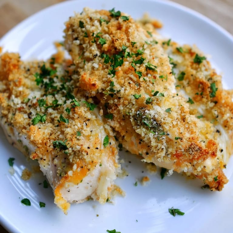 Mouthwatering Cheesy Baked Chicken Breast, featuring crispy breadcrumbs and a perfectly cooked, juicy interior.