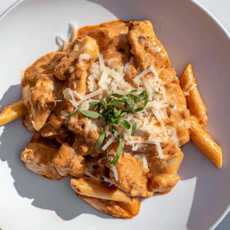 Enjoy a steaming bowl of Creamy Tomato Basil Chicken Pasta with tender chicken and creamy sauce.