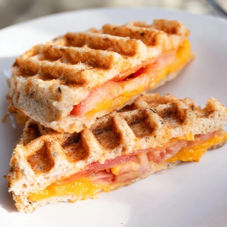 Savory Waffle Grilled Cheese overflowing with melted cheese, ready to be cut and enjoyed.