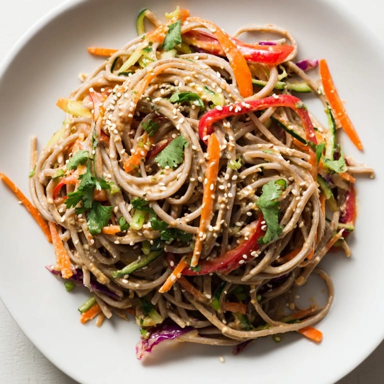 A vibrant bowl of soba noodle salad, featuring crunchy carrots and a creamy, delicious dressing, ready to serve.