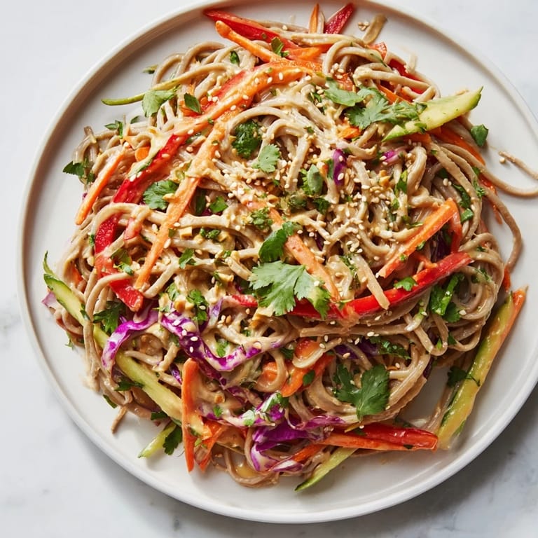 Fresh soba noodle salad tossed with red pepper, cucumber and herbs, for a refreshing light meal or side.