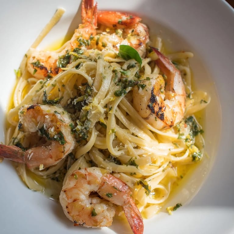 A beautiful bowl of Lemon Herb Pasta with Shrimp, showcasing juicy shrimp and a vibrant, flavorful sauce.