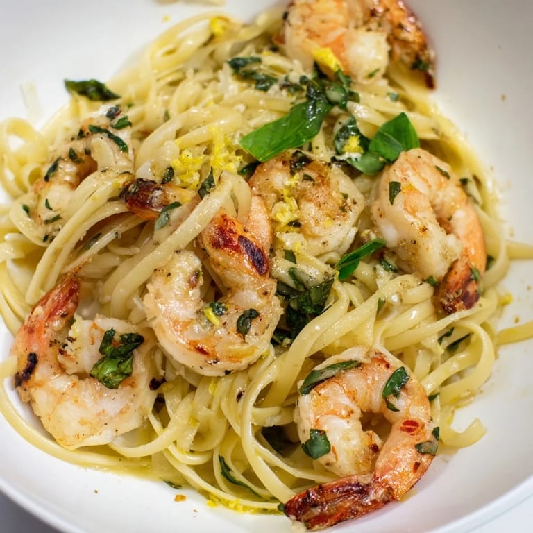Up-close shot of delicious Lemon Herb Pasta with Shrimp; a comforting, easy Italian-inspired dish.