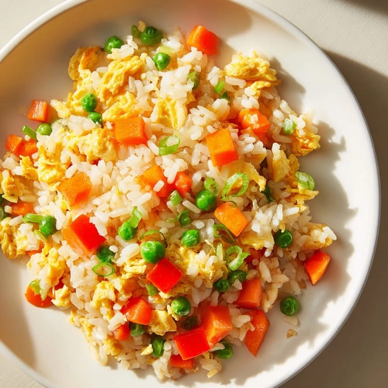 Golden Egg Fried Rice with visible peas, carrots, and a savory soy sauce glaze.