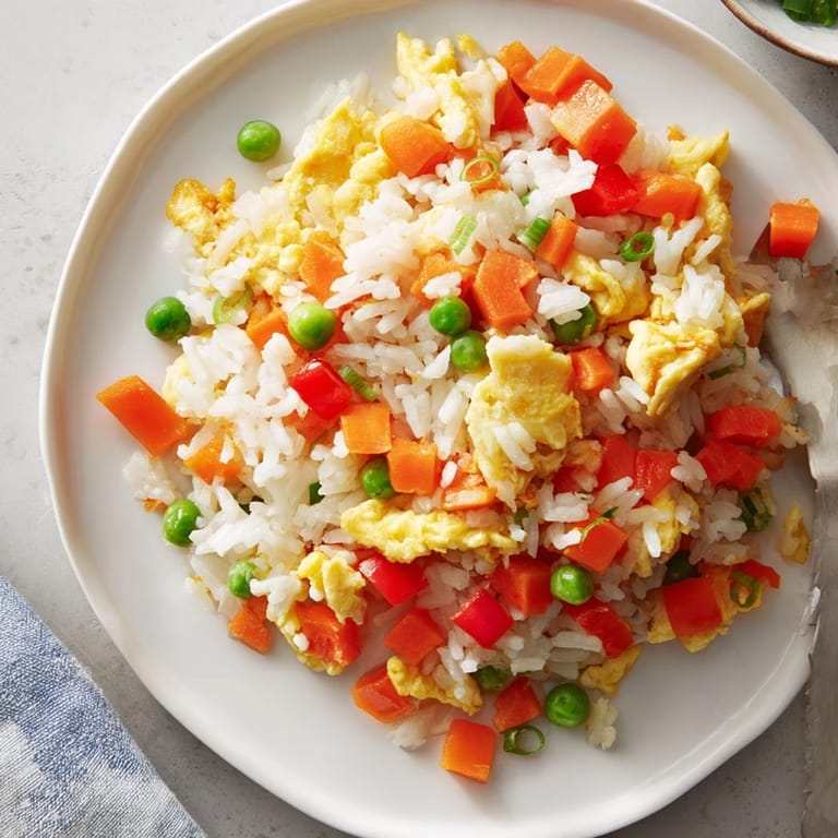 A close-up shot of homemade Egg Fried Rice garnished with fresh green scallions.
