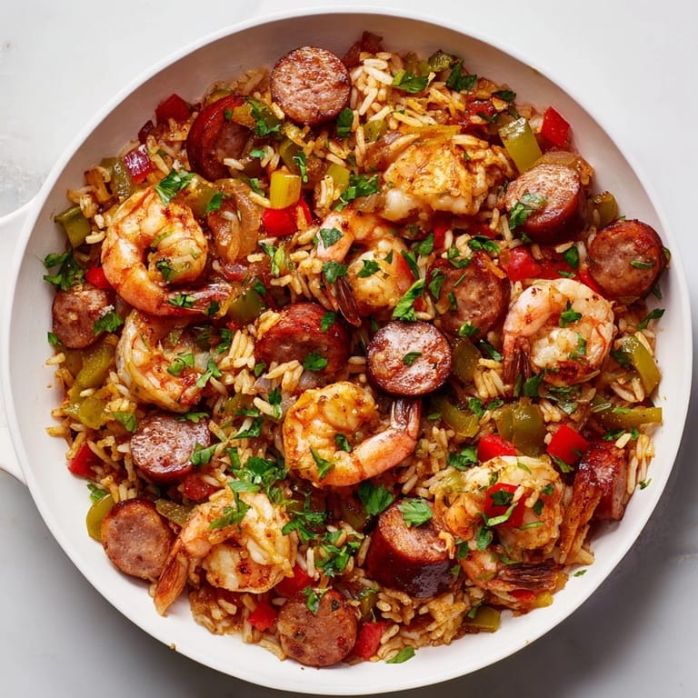 Delectable Jambalaya Skillet with browned sausage, vibrant peppers, shrimp, and seasoned rice are simmering nicely.